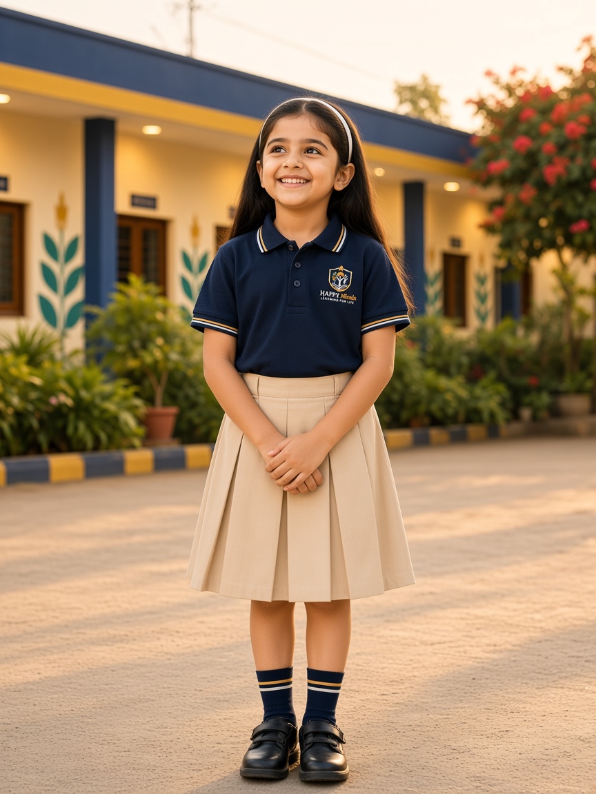A HAPPY Minds student in navy and beige uniform on the school campus